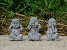 Höre, sehe und rede nicht, Buddha-Statuen, Stein, grau mit weiß