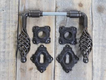 Set Türmöbel Bauernhaus beste. 2 Spangen, 2 Knöpfe, Rosetten, 2 Schlossrosetten, inkl. Dorn - für Innentüren, Eisen gewachst