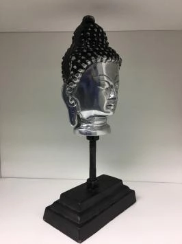 Buddha-Kopf auf Metallstativ, Aluminium