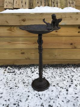 Vogelbad / Vogeltränke, stehend, Vogelbad gusseisern, mit Engel, antik