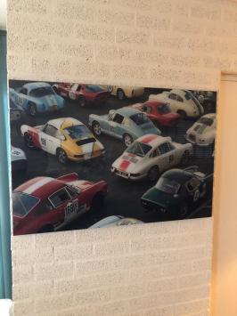 Wanddecoratie kunst op glas, Full color oldtimer & Porsche