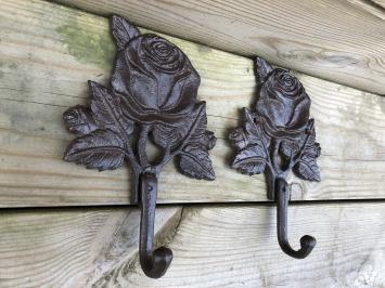 Garderobenhakenset mit Rose, Gusseisen-Garderobe, antik, braun