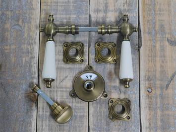 Messing deurbeslag, deurslot voor de gast badkamer met porseleinen handvat - antiek-look.