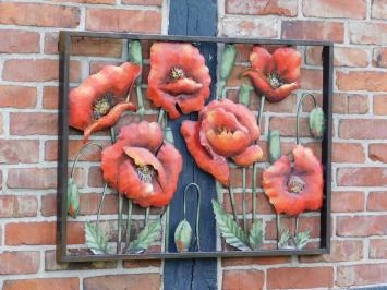 Wanddekoration aus Metall - Mohnblumen in Farbe - 90 x 60 cm