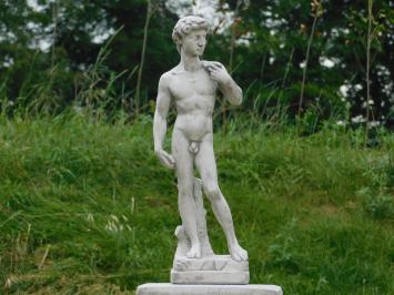 David, biblische Figur auf Sockel, Gartenstatue aus Stein, weiß/grau