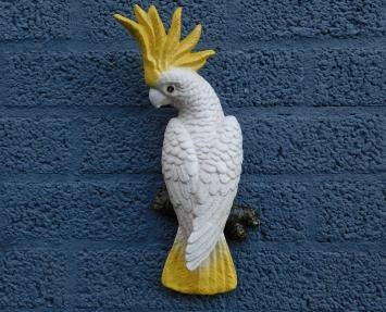 Gietijzeren grote geelkuifkaketoe - geel/wit - muurdecoratie