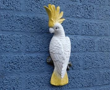 Gietijzeren grote geelkuifkaketoe - geel/wit - muurdecoratie