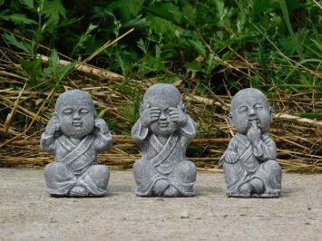 Höre, sehe und rede nicht, Buddha-Statuen, Stein, grau mit weiß
