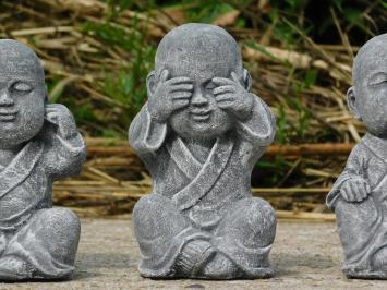 Höre, sehe und rede nicht, Buddha-Statuen, Stein, grau mit weiß
