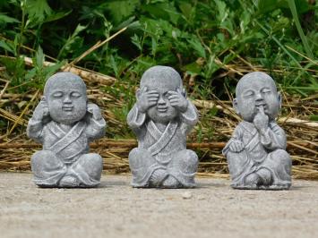 Höre, sehe und rede nicht, Buddha-Statuen, Stein, grau mit weiß