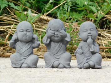 Hören, sehen und schweigen, Buddhastatuen, Gartenfiguren Stein, grau