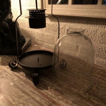 Kandelaar, stormlantaarn, metaal-glas, bruin, smeedwerk