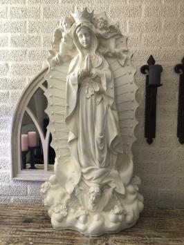 Maria Statue mit Engeln und Rückenplatte, Polystone, cremeweiß