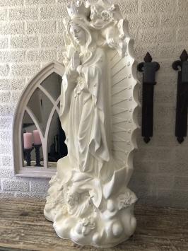 Maria Statue mit Engeln und Rückenplatte, Polystone, cremeweiß