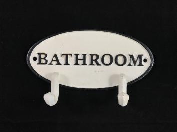 Kapstok met 2 haken, bord met opschrift: 'BATHROOM', gietijzer