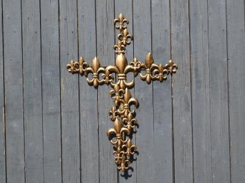 Metalen kruis - Franse lelies - zwart met brons - groot
