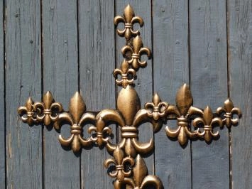 Metalen kruis - Franse lelies - zwart met brons - groot