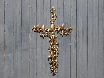 Metalen kruis - Franse lelies - zwart met brons - groot