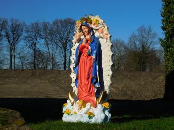Maria beeld met engelen en achterplaat, polystone vol in kleur
