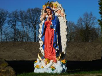 Maria beeld met engelen en achterplaat, polystone vol in kleur