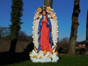 Maria beeld met engelen en achterplaat, polystone vol in kleur