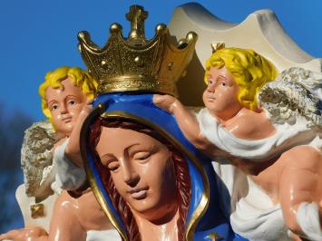 Maria beeld met engelen en achterplaat, polystone vol in kleur