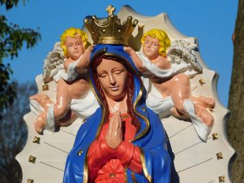 Maria beeld met engelen en achterplaat, polystone vol in kleur