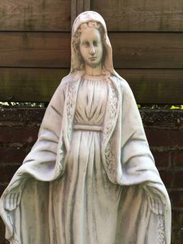 Maria Statue auf Sockel, Gartenstatue massiv Steinguss