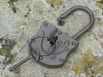 Mittelalterliches Vorhängeschloss mit Salamander - inkl. Schlüssel - Gusseisen