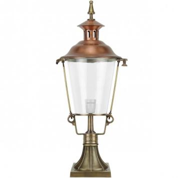 Lamp messing-koper rond glas op voet, Franse tuinlamp