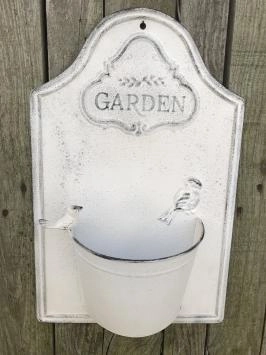 Metalen wanddecoratie - bloembak met vogel - 'garden' - wit