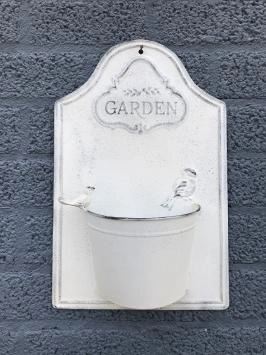 Metalen wanddecoratie - bloembak met vogel - 'garden' - wit