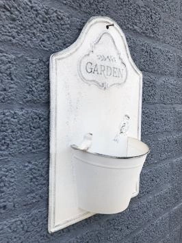Metalen wanddecoratie - bloembak met vogel - 'garden' - wit