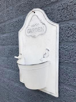 Metalen wanddecoratie - bloembak met vogel - 'garden' - wit