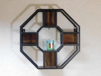 Industrieel wandrek, zwart metaal, hout, modern muurrek