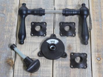 Deurbeslag toilet, draai slot met grendels, bezet + vrij  toilet, antiek ijzer
